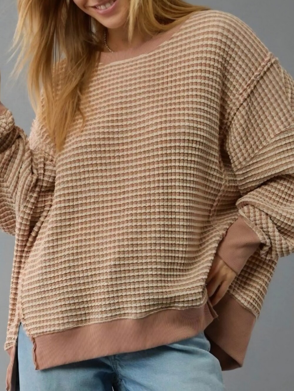 AMERICAN EAGLE Seriously Lived In Tan Cream Waffle Knit Oversized Thermal Top S